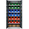 Open kast met diverse gekleurde plastic dozen voor het opslaan van items.