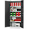 Open gereedschapskast met inventaris: rode/groene dozen, draadrol, bezems, gereedschapskoffer.