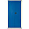 Blauwe kast met twee deuren en een zilveren frame. Een zwarte handgreep bevindt zich in het midden van de deuren.