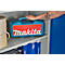 Persoon die een blauwe gereedschapskist met rood Makita-logo in een plank vasthoudt.