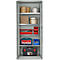 Grijze gereedschapskast met open deuren, gevuld met gereedschap en accessoires. Inclusief Makita gereedschapskoffer.