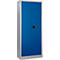 Kast met blauwe dubbele deur en zilveren frame, zwarte handgreep.