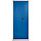 Blau stalen kast met twee deuren. De handgreep bevindt zich in het midden, zilveren frame.