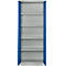 Open, blauwe stalen kast. Witte binnenkant met vier planken. Deuren open, kast leeg.