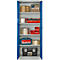 Een open blauwe stalen kast met diverse gereedschappen en materialen op de planken.