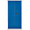Blauwe kast met twee deuren en een zwarte handgreep. Omlijst door een wit frame.