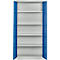 Open stalen kast met blauwe deuren en witte planken. Bekijk de binnenkant van de lege kast.