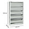 Lichtgrijze plank met vijf planken, afmetingen: 1935 mm hoog, 400 mm diep, 1200 mm breed.