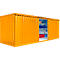 Yellow storage container with sliding door, open. Inside shelves and boxes.
