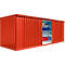 Red storage container with sliding doors, partially open. Inside, shelves with boxes and tools. Inscription 'RAUM²'.