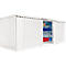 White material container with open door. Inside, shelves with colorful containers.