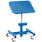 Blue adjustable podium with wheels for tools. The inclined support surface is rectangular.