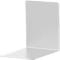 A white, L-shaped bookend against a bright background. It stands on a flat base and has a vertical plate.