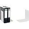 Two black folders stand with a pair of white bookends on a white background. The folders each say "Leitz" and a label.