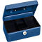 Open blue cash box with compartments. View inside: black dividers and silver lock.