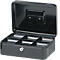Open black cash box. Interior divided into several compartments, lid raised.