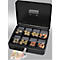 Open black cash box with coins, euro banknotes and key.