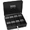 Open black cash box with compartments, handle, and lock.