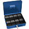 Blue cash box with eight compartments, open. A key lock in front.