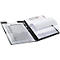 Black clipboard with open pages filled with tables. On the right side a transparent cover.