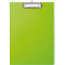 Green clipboard with metal clip.