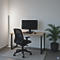 Ein Büro mit Tisch, Stuhl, Computer und Pflanze. Alles vor einer weißen Wand.