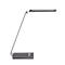 Dark gray metal desk lamp with adjustable arm and rectangular light head. It is standing on a rectangular base.