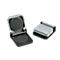 Two square make-up containers, one open, one closed. Open with a round, closed with a square content.