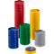 Stacks of multi-colored, round, flat plastic discs standing upright.