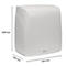 Un sèche-mains blanc et angulaire avec mesures : 348 mm de haut, 160 mm de large, 324 mm de long. Inscription : MAUL.