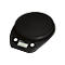 Black kitchen scale with round measuring area and digital display. UNIT and TARE buttons.