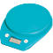 Turquoise kitchen scale with round weighing surface and digital display. The words "MAUL" and operating elements are on the scale.