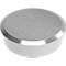 Silver, round metallic plug with brushed surface.
