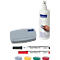 Whiteboard accessories: sponge, cleaner, markers and magnets.
