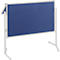 Blue freestanding whiteboard on white frame, angled top.