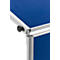 Close-up of a corner of a blue fabric element held by a silver frame with a black knob.