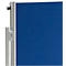 Close-up of a blue fabric surface with vertical ribs. On the side: silver supports and black knob.