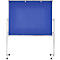 Blue, rollable whiteboard with silver frame. Standing on wheels.