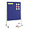 Blue, rolling whiteboard. Yellow, pink and green circles and yellow blocks are attached. Accessories are underneath.