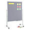Grey magnetic board on wheels with sticky notes in yellow, red and green.