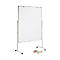 White mobile whiteboard with pen holders and rollers. Beside it are notes, pads, and pens.