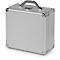 Silver aluminum case with handle and silver fittings.