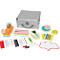 Gray aluminum case with office supplies: sticky notes, pens, scissors, glue, paper clips, tape, and markers.