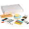 A set of office supplies including pens, sticky notes, paper clips, and a box. The background is white.