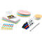 Various office supplies: paper, pens, magnet, adhesive dots and colorful circles.