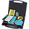 Black case with various flip chart accessories, pens, sticky notes and scissors.