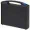 Black suitcase with blue handle and blue accents.