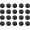 20 black, round buttons on a white background. Each button has a flat top and a wide rim.