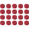 Top view of an arrangement of 20 round, red pills on a white background.