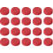 An arrangement of 20 red, cylindrical objects with rounded edges, all evenly spaced on a white background.
